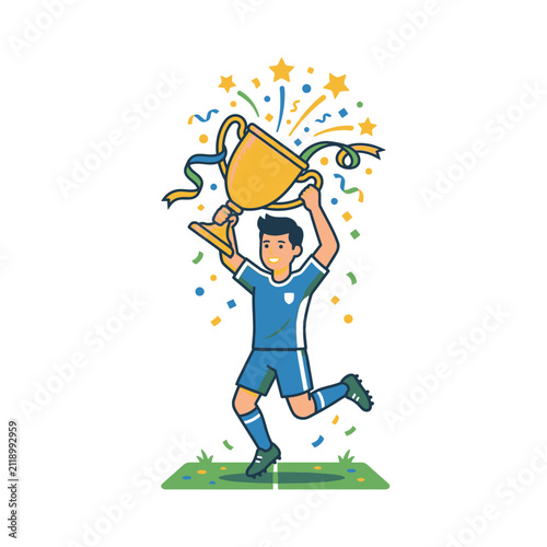 Boy jumping for joy with sports trophy.