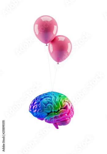 iridescent 3d human brain model, textured in electric blue, emerald green, and hot pink, floating with light pink helium balloons on a saturated cyan background, concept of mental freedom