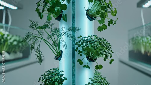Cilantro, dill and compact microgreens emerge from a cyan illuminated cultivation column, presenting futuristic soil free food production within a pristine controlled agriculture corridor setting