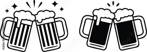 Foto Two frothy beer mugs clinking together silhouette icon with beverage