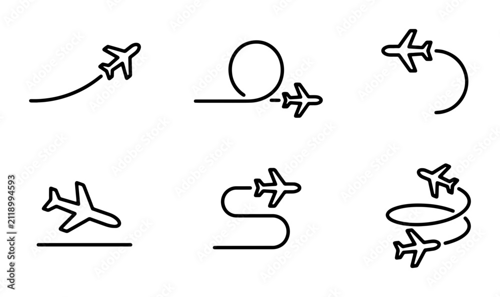 Fototapeta premium Airplane Flight Path Icons: Travel Routes, Aviation Movement, Journey Lines, Air Transport Symbols