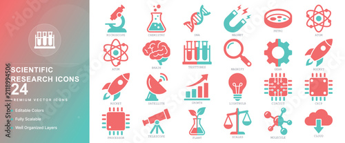 scientific research discovery dna biology science lab experiment analysis study innovation icon set vector flat illustration medical web graphic