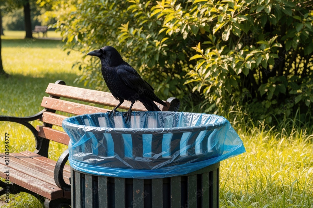 Fototapeta premium Black crow perches on edge of park trash can with blue liner. Bird stands near wooden bench in grassy area with trees and foliage. Outdoor scene with wildlife in urban setting.