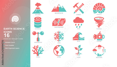 earth science geology geography planet globe nature volcano environment exploration ecology icon set vector flat illustration web graphic biology