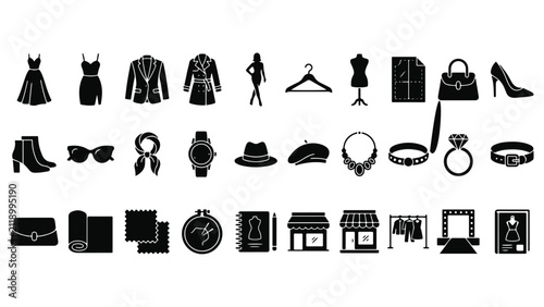 Fashion and apparel design icon set featuring women dresses, suit jacket, coat, shoes, accessories, jewelry, sewing tools, boutique shop, and runway elements isolated on white background