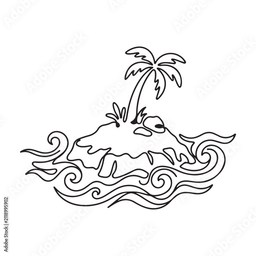 Tropical Island Surrounded by Ocean Waves Line Art Vector