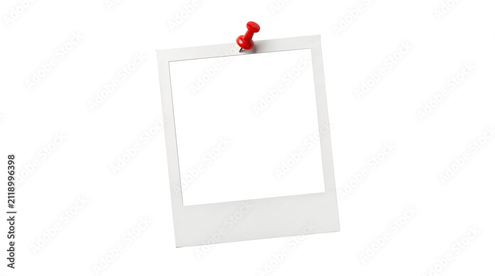 Obraz premium Composite frame for Polaroid photos pinned with red thumbtacks isolated on trasparent background