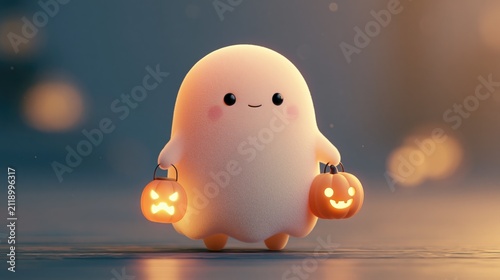 Cute ghost holding two glowing pumpkin lanterns in a soft 3D Halloween scene with warm bokeh lights and a reflective surface.