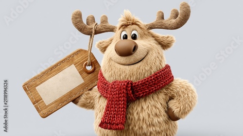 Reindeer holding a blank wooden gift tag and wearing a red scarf against a plain background for Christmas marketing and seasonal greeting designs.