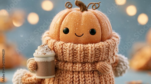 Pumpkin holding a hot cocoa mug while wearing a chunky knitted scarf against a soft autumn background with warm bokeh lights.