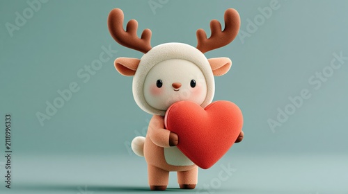 Cute reindeer character holding a red heart gift box on a plain background, a festive Valentine and Christmas gift concept with copy space.
