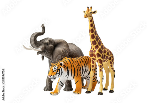 three ultra-realistic plastic safari animal toy miniatures (elephant, tiger, giraffe) with molded textures and painted details, arranged floating on a stark white background. Concept for