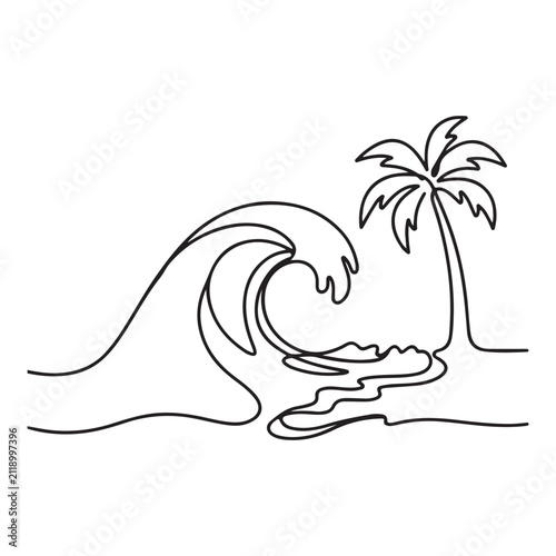 Tropical Ocean Wave with Palm Tree Line Art Vector