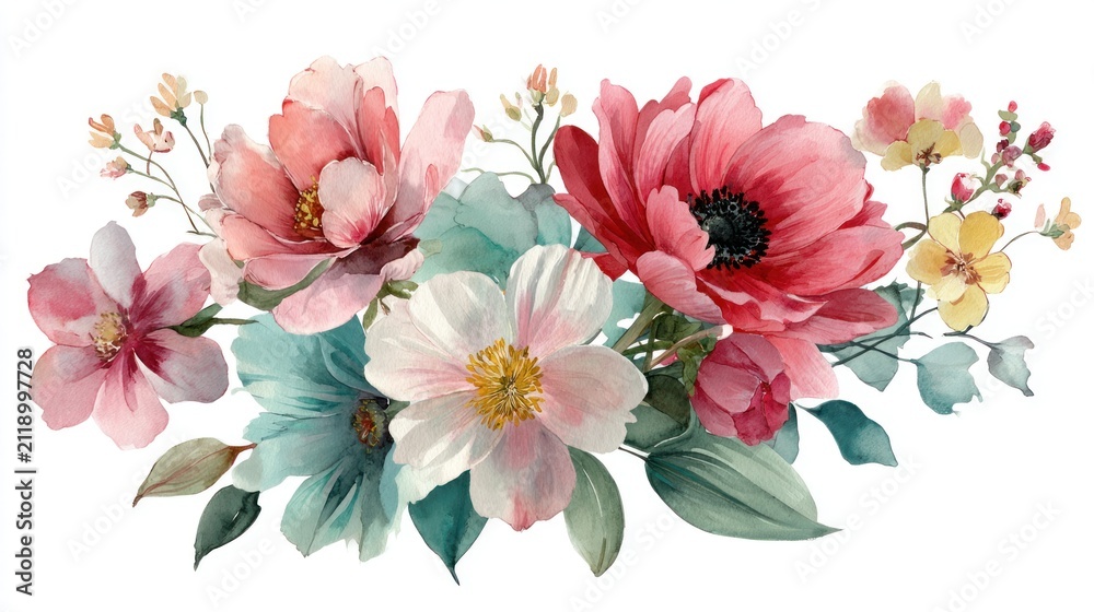 Obraz premium Watercolor floral arrangement featuring pink and red blooms with green foliage