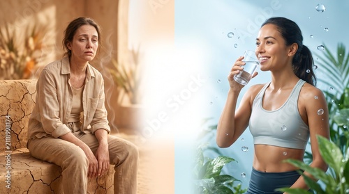 Woman relaxing indoors and drinking water with plants.