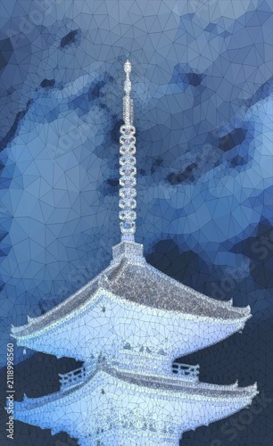 White Japanese pagoda temple tower on blue triangular mosaic night sky, low poly geometric abstract art, spiritual Buddhist landmark illustration