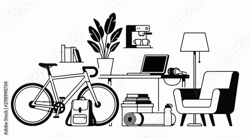 A minimalist line art illustration of a workspace with a bicycle