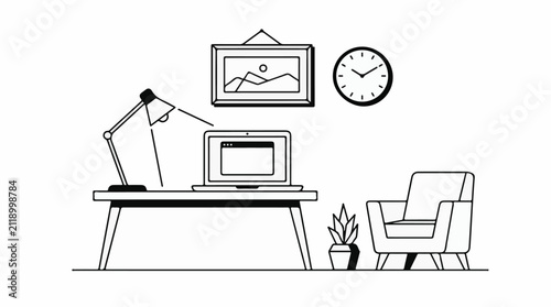 A minimalist line drawing of a desk with a laptop lamp and chair
