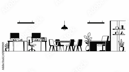 A minimalist office interior with workstations and a meeting table