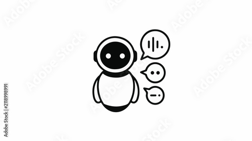 A minimalist robot with a blank body interacts with speech bubbles