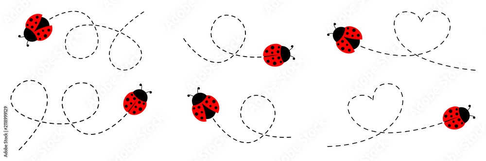 Fototapeta premium Cute ladybug beetle set. Adorable insect character with dotted path collection. Vector illustration isolated on white.