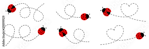 Cute ladybug beetle set. Adorable insect character with dotted path collection. Vector illustration isolated on white.