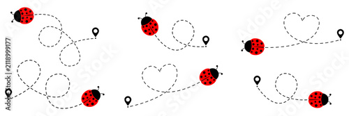 Adorable tiny ladybugs with spotted wings and dotted path set. Vector illustration isolated on white.