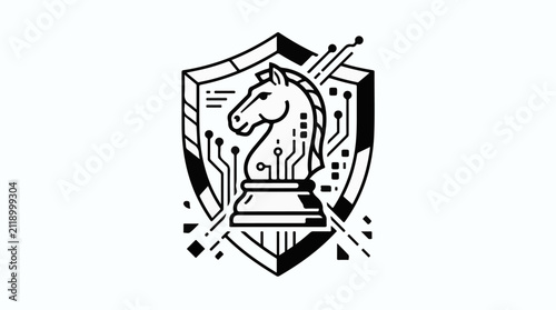 A knight chess piece on a shield with circuitry digital defense symbol