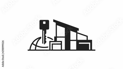 A key unlocks a modern house silhouette against a stylized globe