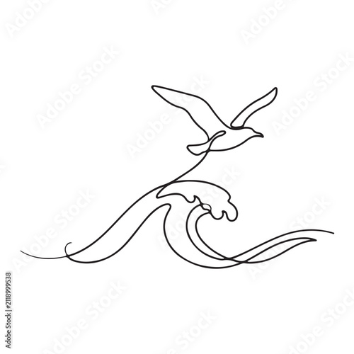 Ocean Wave with Flying Seagull Line Art Vector