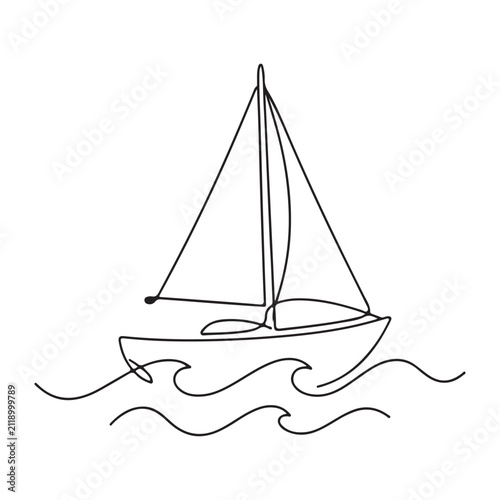 Sailboat Floating on Ocean Waves Line Art Vector