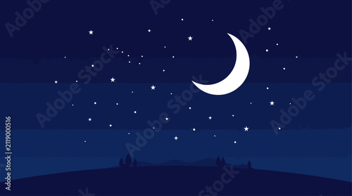 Foto A serene night sky featuring a glowing crescent moon and scattered stars above a