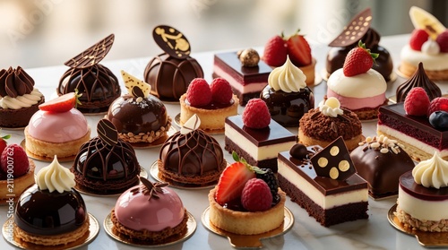 Selection of gourmet pastries, chocolates on display in patisserie. Artisan cakes with fresh berries, chocolate glaze sit on white surface. Fancy sweet food treats offer delicious visual appeal for