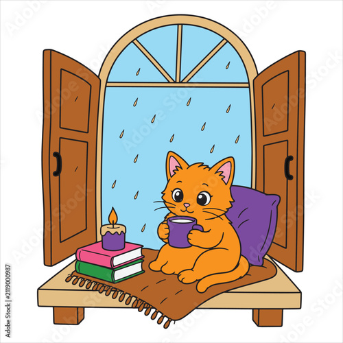 Cute Orange Cat Holding Mug Sitting by Rainy Window with Candle and Books, Cozy Vector Illustration