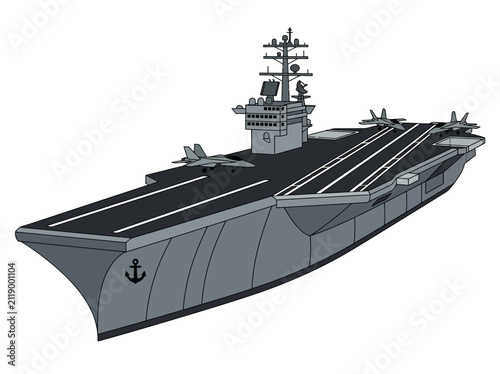 Cuadro en lienzo Modern Aircraft Carrier Illustration with Fighter Jets Isolated on White