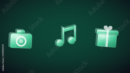 Glossy camera, music note, and gift icons. Modern 3D web interface symbols set.