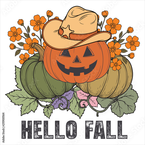 Cowboy Hat Jack O Lantern Pumpkin with Autumn Flowers, Hello Fall Halloween Vector Illustration