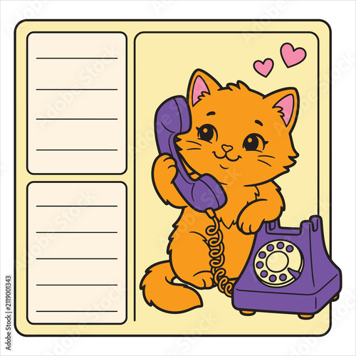 Cute Orange Cat Talking on Vintage Rotary Phone Notepad Template, Vector Illustration
