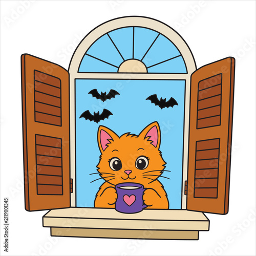 Cute Orange Cat Holding Coffee Mug looking out Open Window with Bats Flying, Halloween Vector Illustration