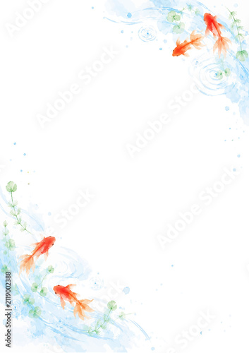 赤い金魚と涼しげな水の波紋の背景イラスト　縦