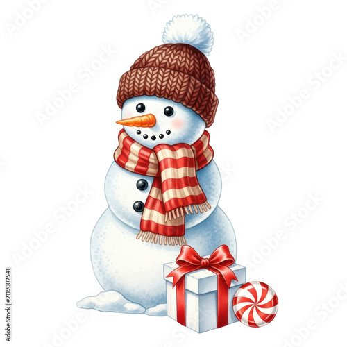 A cheerful watercolor illustration of a three-segment snowman made of packed snow, wearing a wool beanie and striped scarf, against a transparent background. Concept of winter holiday greetings