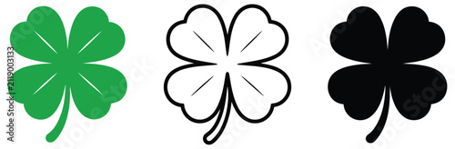 Four Leaf Clover Icons, Lucky Shamrock, Green Flat, Black, and Outline Symbols for Seasonal Celebrations, Vector, Designs