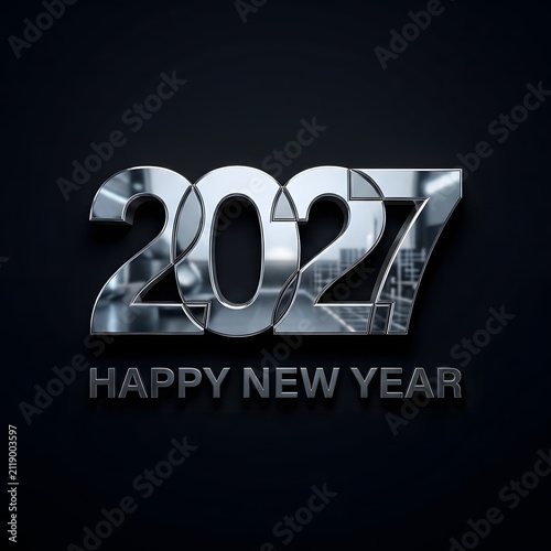 Happy new year 2027 greeting card design with metallic silver numbers on a dark black background
