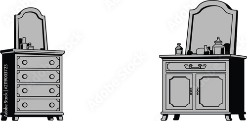 Vintage bathroom vanity cabinets with mirrors, classic furniture vector illustration for interior design collection