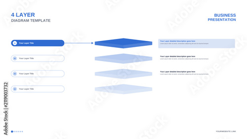 4 layer isometric diagram infographic template vector, 3D stacked layers with numbered list, arrows and description boxes for modern blue business presentation slide design