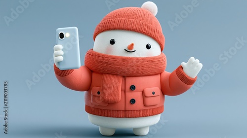 Snowman holding a smartphone and waving, dressed in a red knit hat, scarf, and coat against a plain blue background.