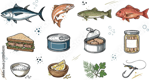 Seafood and Fish Product Vector Icon Set featuring Tuna Salmon Trout Red Snapper Sandwich Canned Food Jar Herb and Fishing Hook Illustrations