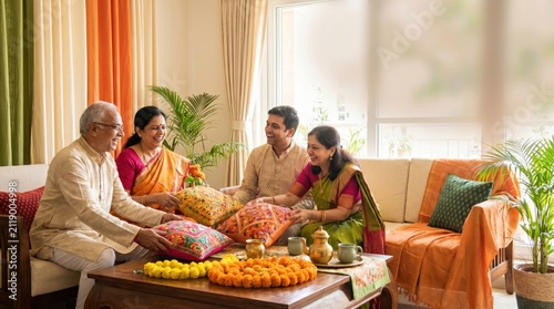 Indian Family Celebrating India's Independence Day Arranging Decorative Cushions at Home