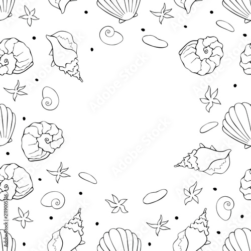 Round frame made of outline seashells. Vector marine border hand drawn in doodle style, isolated on white background. Suitable for summer design, kids activity or coloring book