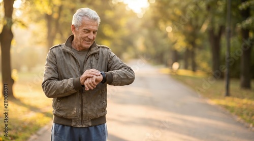 Senior man checks smartwatch during outdoor walk for Senior Citizen Day
